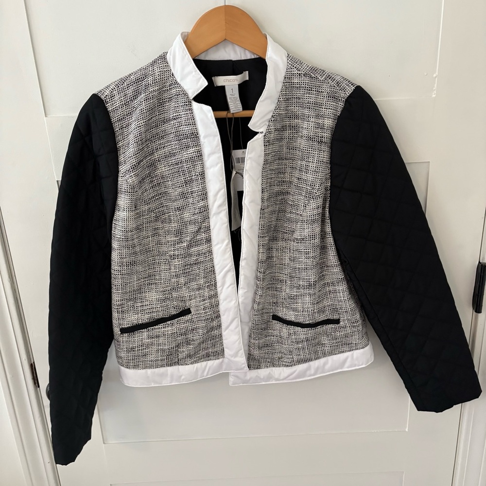 Chico’s JACKET QUILTED MIX TWEED PATTERN BLACK/WHITE. Size 1 Chicos/M/8. - Picture 2 of 12
